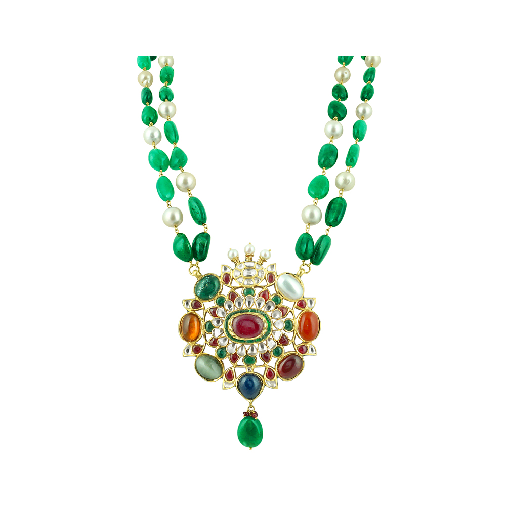 Navaratan Pendant Necklace with Emerald Maniya and Pearls